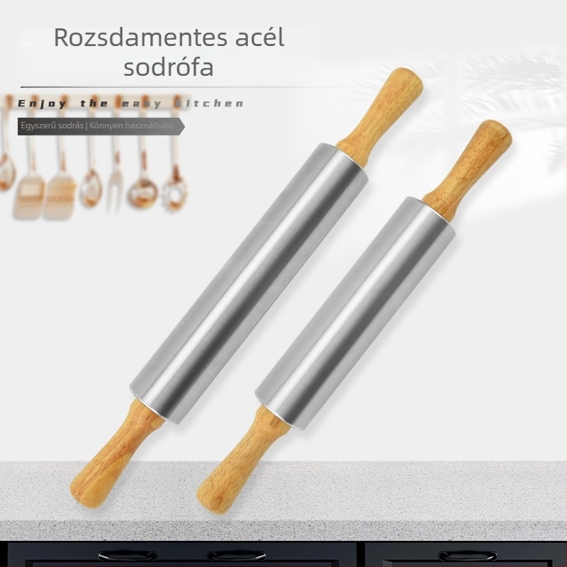 Konyhai nyújtófa rozsdamentes acélból, bükkfa fogantyúval