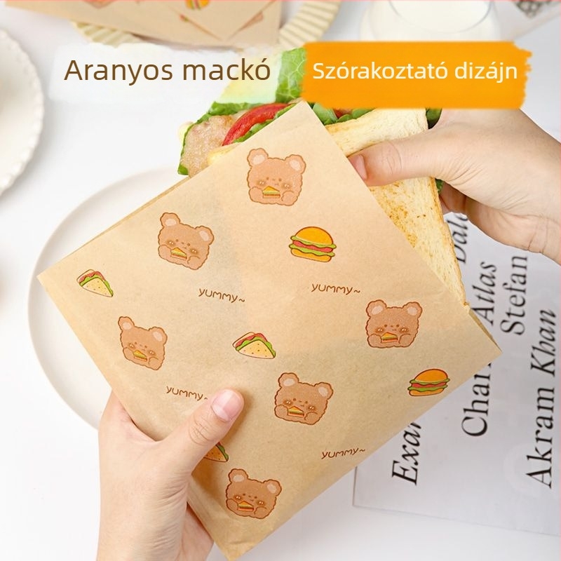 Kemping reggeli szendvics csomagolópapír-táska, élelmiszerbiztonságos, olaj- és vízálló, otthoni használatra, burgerhez, sütéshez és pirítósokhoz.