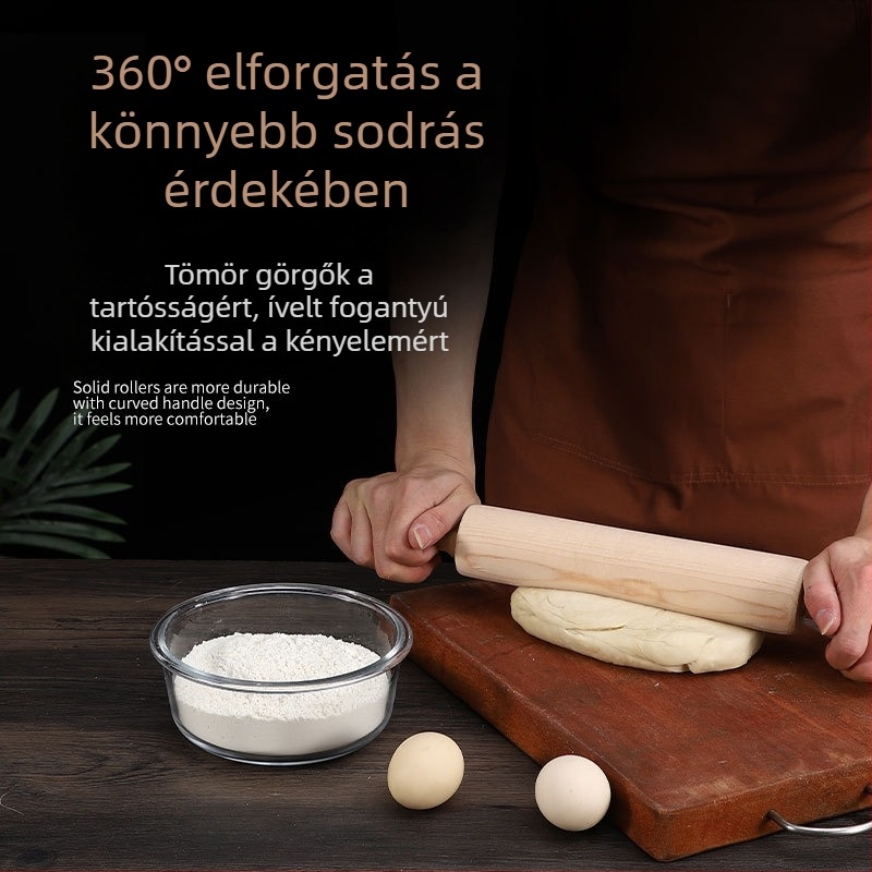 Masszív fából készült tésztahenger gravírozott mintával, tésztához, gombócokhoz és süteményekhez