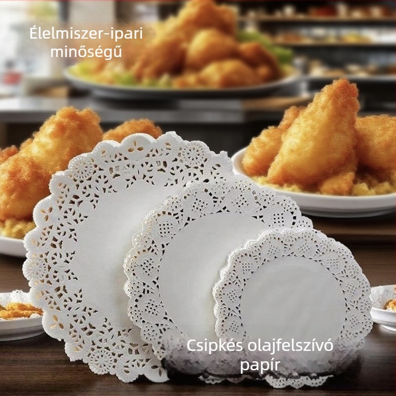 Csipkés szélű zsírtaszító sütőpapír a konyhában, olajat felszívó sütőpapír, torta- és pizzaalátét, kör vagy négyzet alakú