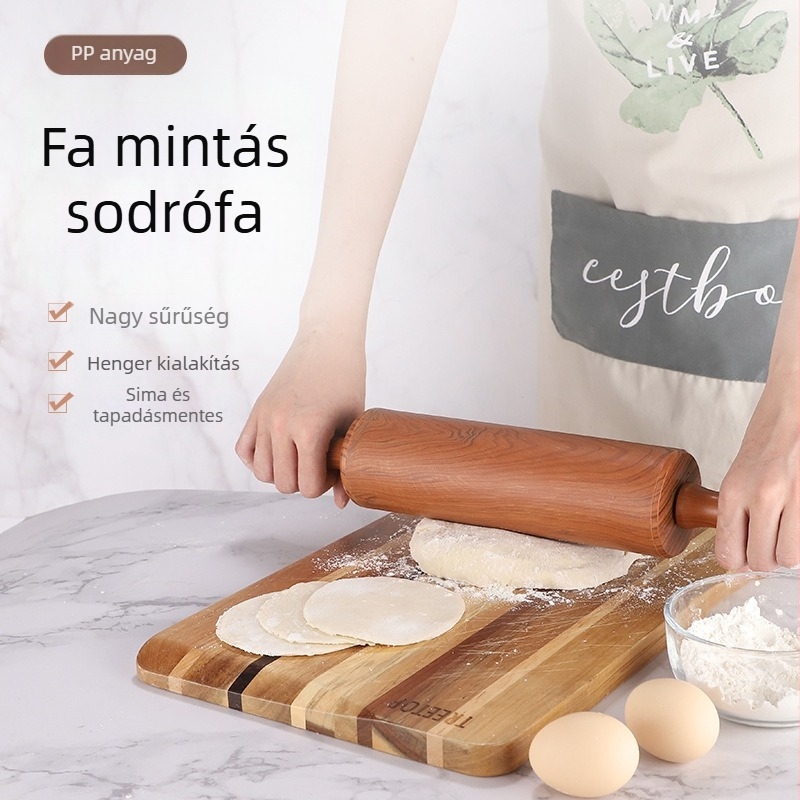 Fa mintázatú tésztanyújtó henger, műanyagból, tapadásmentes felülettel, modern minimalist konyhai sütőeszköz