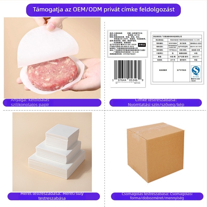 Hamburger hús töltelék csomagolópapír, kétoldalas nem tapadó szilikon bevonat zsírtűrő papír hűtőházhoz, étel elválasztó papír, testreszabható