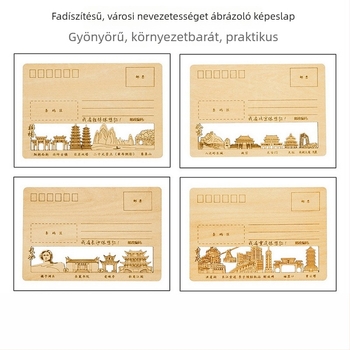 Lézergravírozott faból készült képeslapok, utazási témájú kulturális és kreatív szuvenír