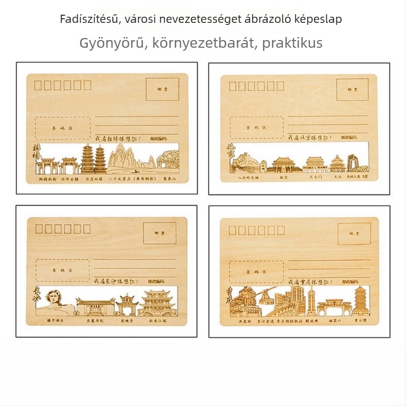 Lézergravírozott faból készült képeslapok, utazási témájú kulturális és kreatív szuvenír