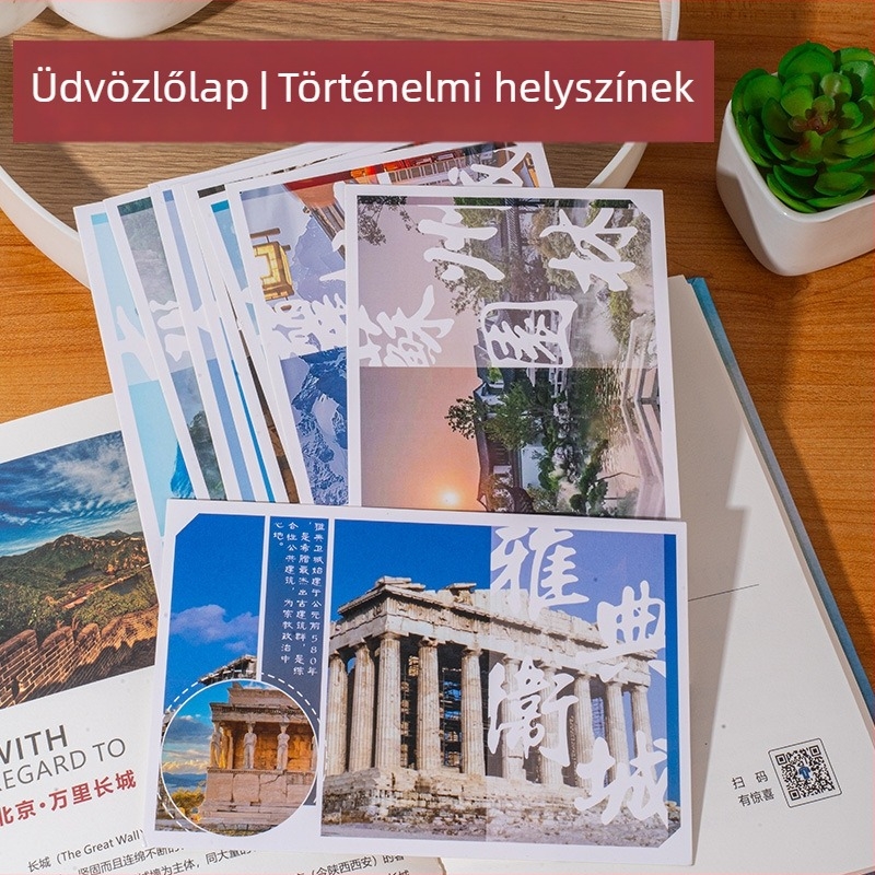 30 darabos képeslap-szett a dobozban, kézzel rajzolt karikatúra illusztrációkkal, üdvözlőlapok, egyszerű és modern dizájn