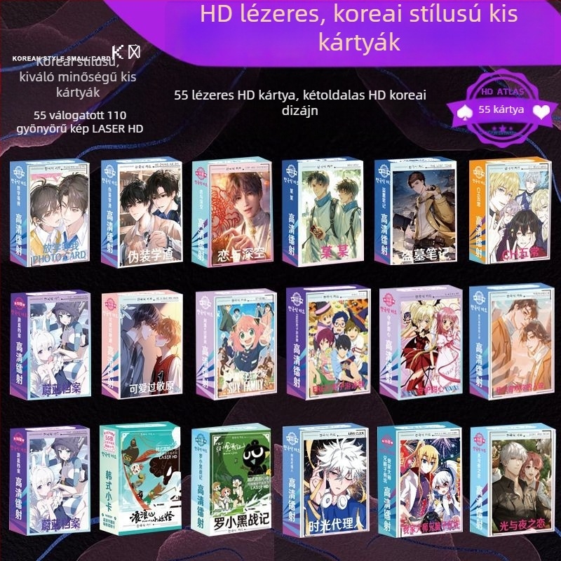 Lézeres holografikus Polaroid kártyák, anime stílusú, kétoldalas, különböző anyagokból, 55 darab