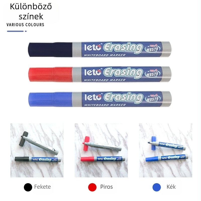 Fehér táblára írható markerek – fekete, kék és piros; vízbázisú; irodai és oktatási használatra; könnyen törlődik.