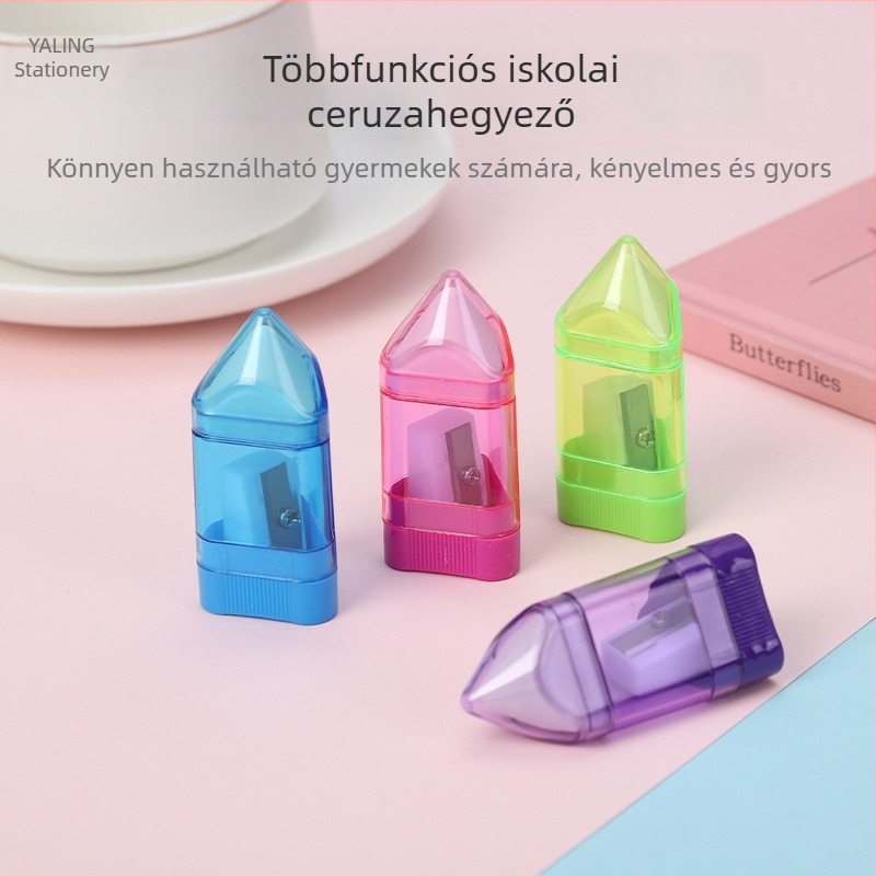 Egylyukú, fényes műanyag ceruzahegyező radírral, logónyomtatásra alkalmas