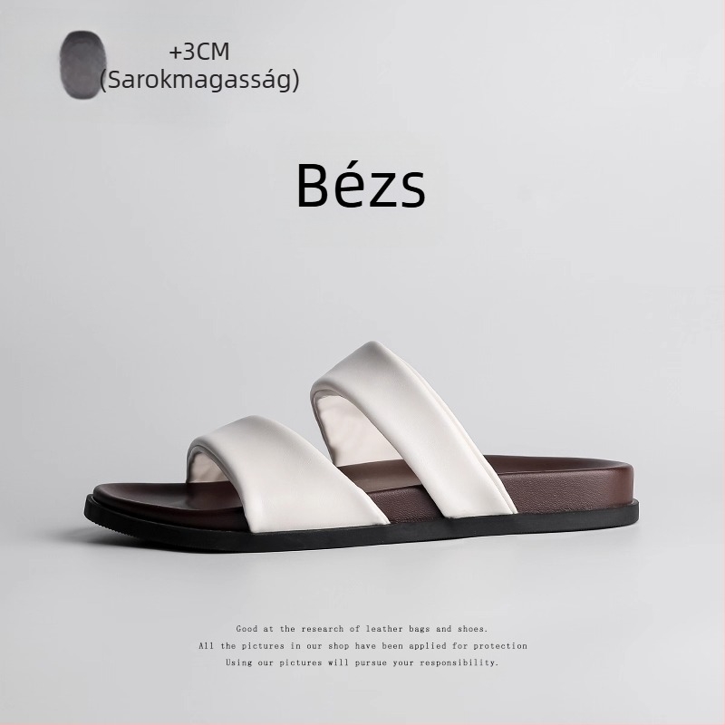 Női nyári strandpapucs egy pánttal, kerek orr, vastag talp, valódi bőr, belső báránybőrrel