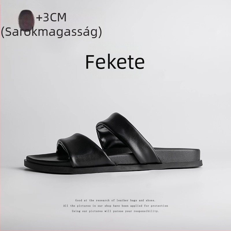 Női nyári strandpapucs egy pánttal, kerek orr, vastag talp, valódi bőr, belső báránybőrrel