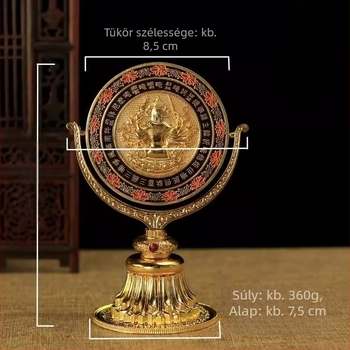 Réz Kuan Ti tükör – tantrikus rituális eszköz nyolc szerencsés szimbólummal, zománc bevonattal, otthoni buddhista oltárhoz