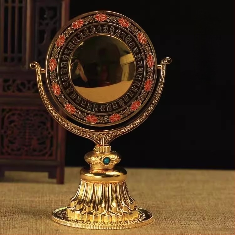 Réz Kuan Ti tükör – tantrikus rituális eszköz nyolc szerencsés szimbólummal, zománc bevonattal, otthoni buddhista oltárhoz