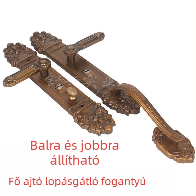 Betörés elleni ajtófogantyú dupla nyitású villaajtóhoz, vas panelre szerelt kilincs, 235 mm furatköz, zárhoz tartozó tartozékok