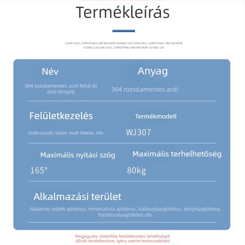 304 rozsdamentes acél ajtózsanér, teherbírás 60–80 kg, fából készült ajtókhoz és acél keretekhez, 90°-os nyitás.