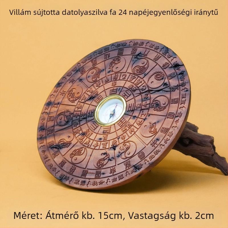 Villámlátott jujubafa iránytű a 24 napenergia időszakhoz, taoista dísz, mutatóval, faragott fa