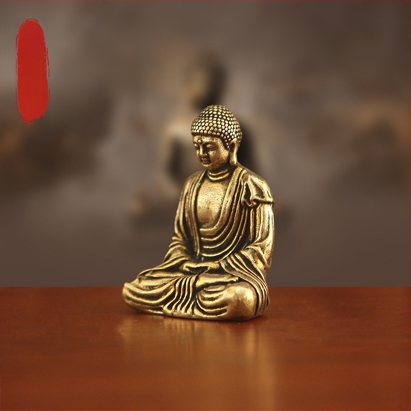 Sárgaréz Buddha szobor, zsebméretű dekoráció autóhoz és otthonhoz, retro felülettel