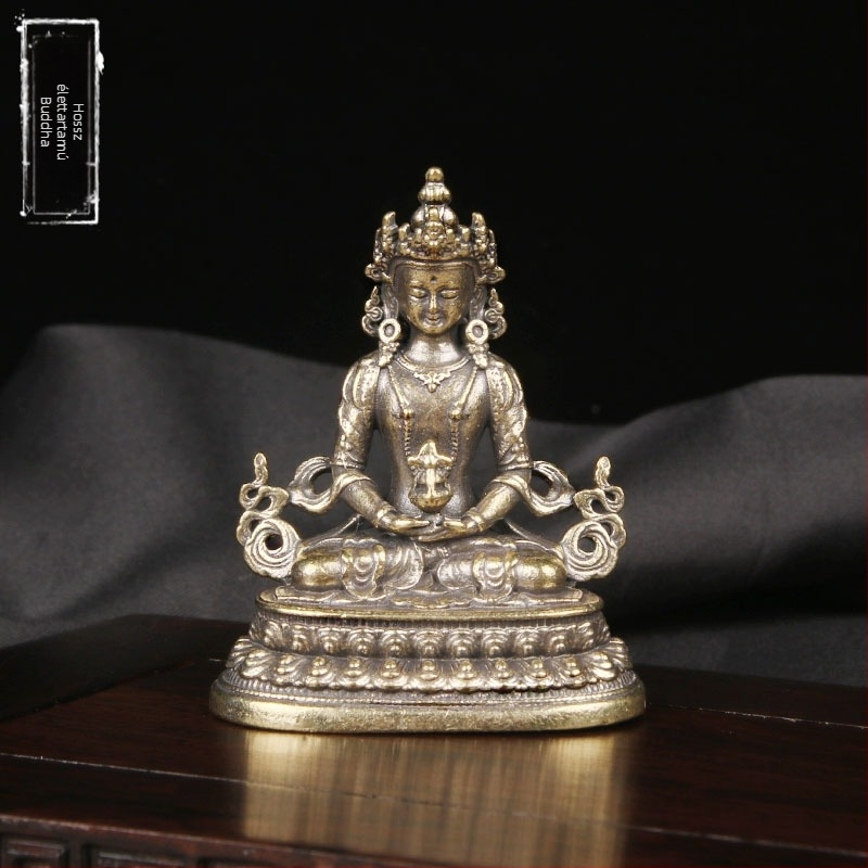 Sárgaréz tibeti Longevity Buddha asztali dísz, tibeti buddhista szobor, kézműves antik gyűjtemény