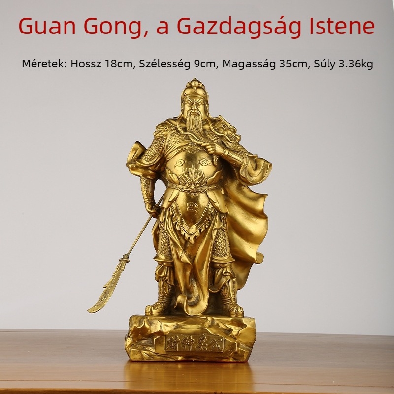 Réz Guan Yu szobor karddal, a Gazdagság Istene – otthoni dekoráció