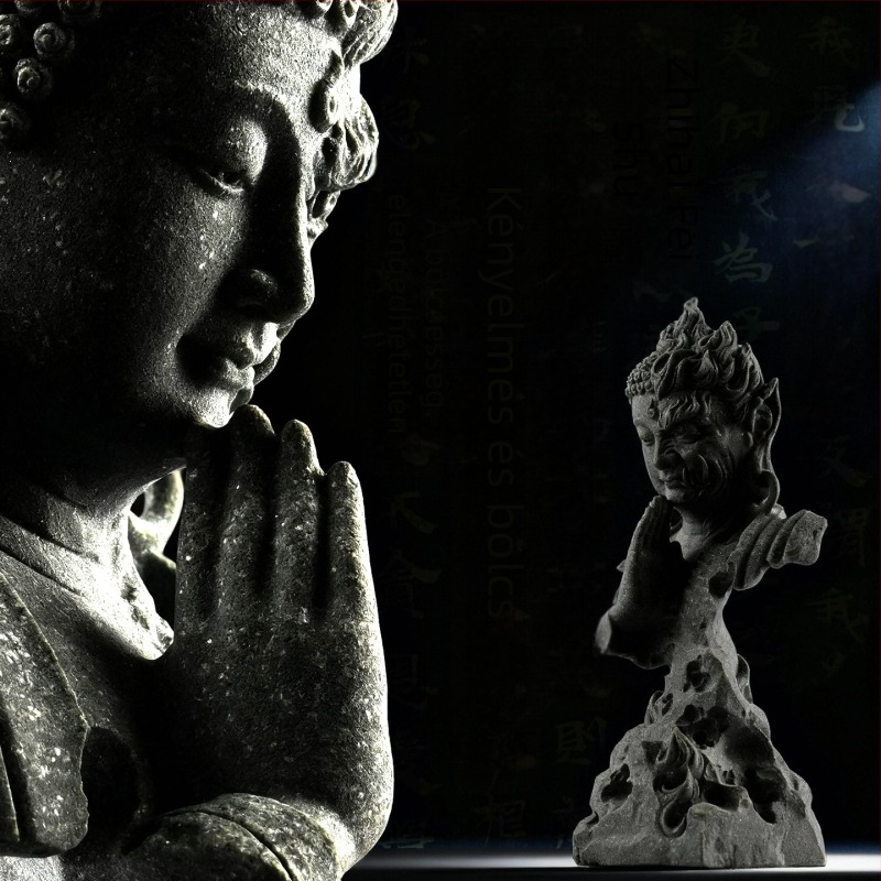 Zen Buddha szobor démon motívummal akváriumi dekorációhoz és tea-szoba asztali díszítéséhez
