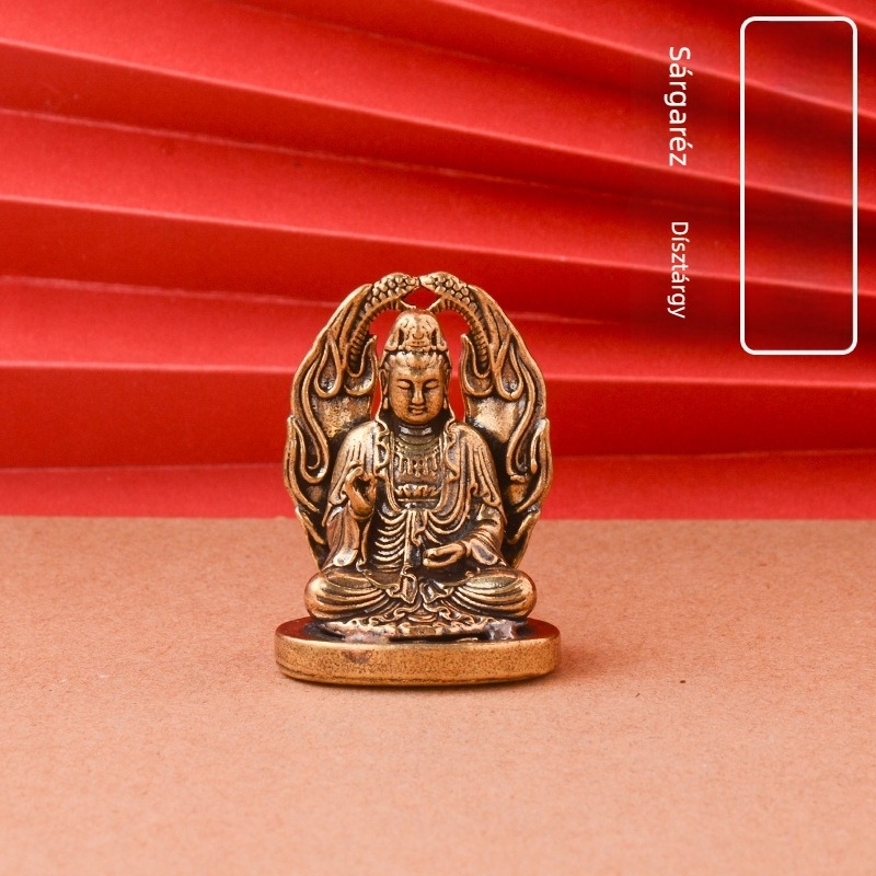 Antik sárgaréz Guanyin Bodhisattva szobor, kis méretű, hordozható dekoráció