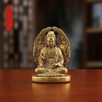 Sárgaréz Guanyin Bodhisattva szobor, meditáló a lótuszon, kígyó talppal, retro kivitelezés