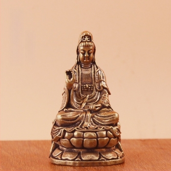 Sárgaréz antik hatású Nanhai Guanyin – mini Bodhisattva szobor otthoni oltárra