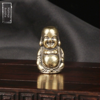 Brass Maitreya Buddha asztali dísz, mini réz faragott szobor, zsebméretű Buddha, antik réz tárgy