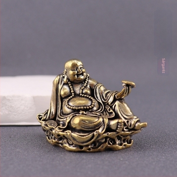 Sárgaréz Maitreya Buddha kis szobor, mosolygó, nagy pocakkal, otthoni oltár és autó dekoráció