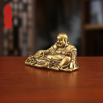 Sárgaréz Maitreya Buddha mini szobor, nagy hasú, vintage asztali dekoráció otthonra és irodába