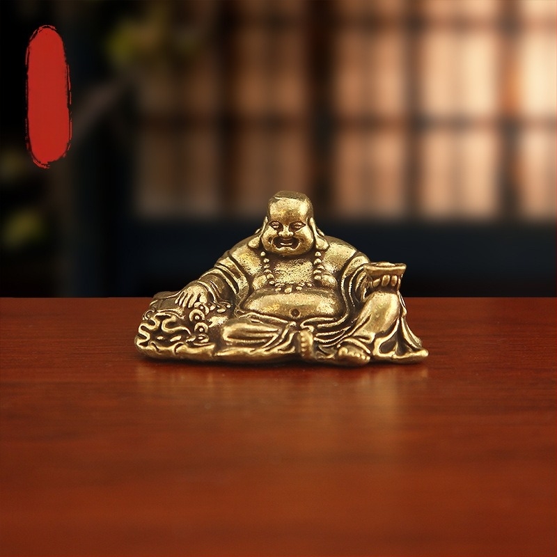Sárgaréz Maitreya Buddha mini szobor, nagy hasú, vintage asztali dekoráció otthonra és irodába
