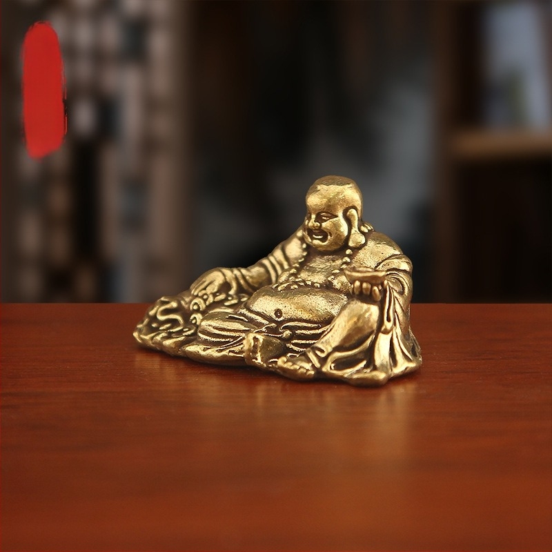 Sárgaréz Maitreya Buddha mini szobor, nagy hasú, vintage asztali dekoráció otthonra és irodába