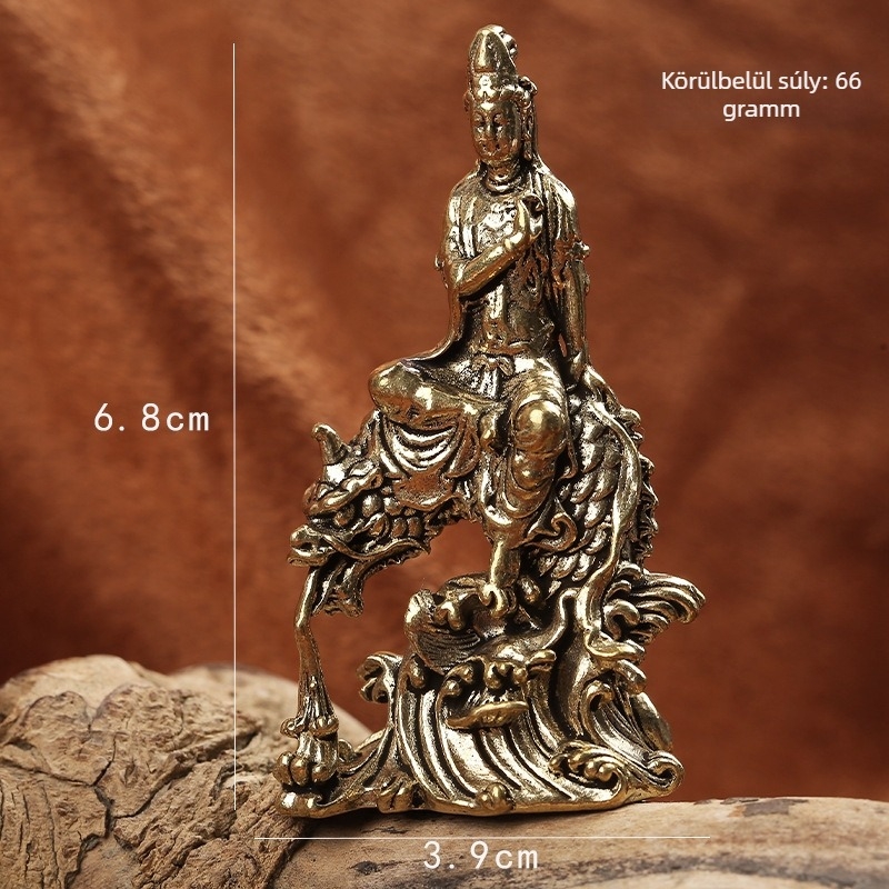 Antik sárgaréz Guanyin szobor, Bodhiszattva a könyörületes megtestesítője, dekoratív fémdísz otthonra és irodába