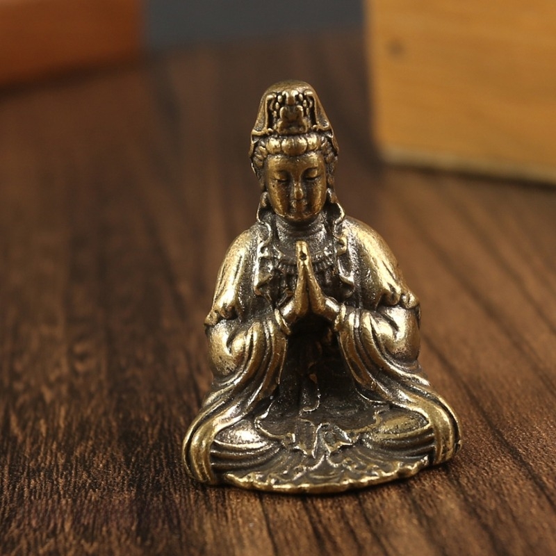 Guanyin Bodhisattva szobor fém, mini asztali dekor, hordozható szobor