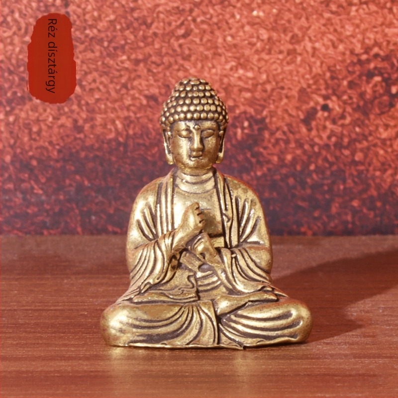 Szilárd réz Buddha zsebméretű asztali szobor, Shakyamuni Vairocana — mini szobor, mikrofaragás, antik bronz felület