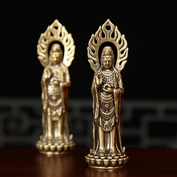 Sárgaréz Guanyin szobor, álló Bodhisattva a Dharma kerékkel, asztali dekoráció, vintage kézművesség