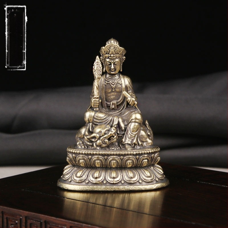 Manjushri Bodhisattva asztali figurája, rézre faragott buddhista szobor, vallási dísz antik stílusban