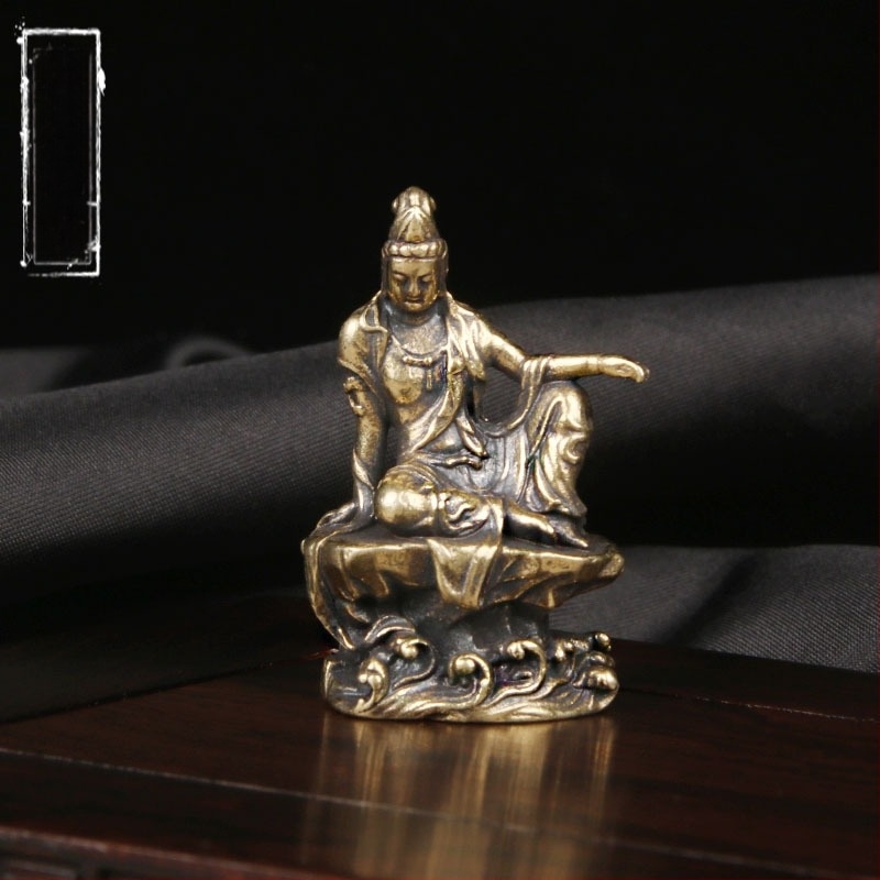 Sárgaréz Guanyin szobor asztali dísz, antik stílusú buddhista szobor