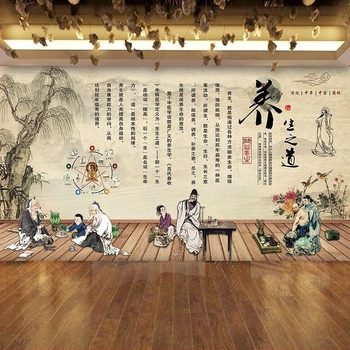 Wellness központ háttereként szolgáló falikép: hagyományos kínai gyógyászat stílusú, 3D kínai stílusú fali mural és fa textúrájú tapéta kozmetikai szalonhoz