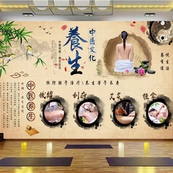 Wellness központ háttereként szolgáló falikép: hagyományos kínai gyógyászat stílusú, 3D kínai stílusú fali mural és fa textúrájú tapéta kozmetikai szalonhoz