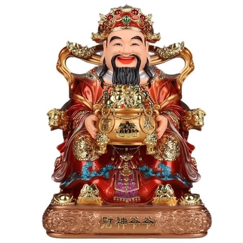 Gyanta Buddha szobor – A Bőség Istene, piros ruhában, aranyozott felület, aranytallér motívummal, imádásra
