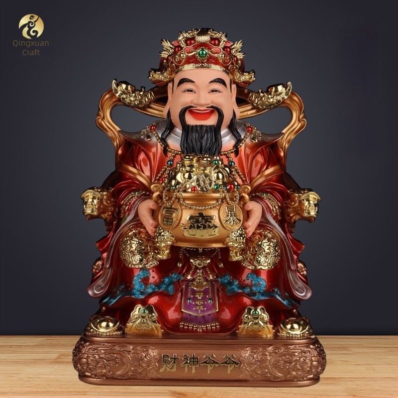 Gyanta Buddha szobor – A Bőség Istene, piros ruhában, aranyozott felület, aranytallér motívummal, imádásra