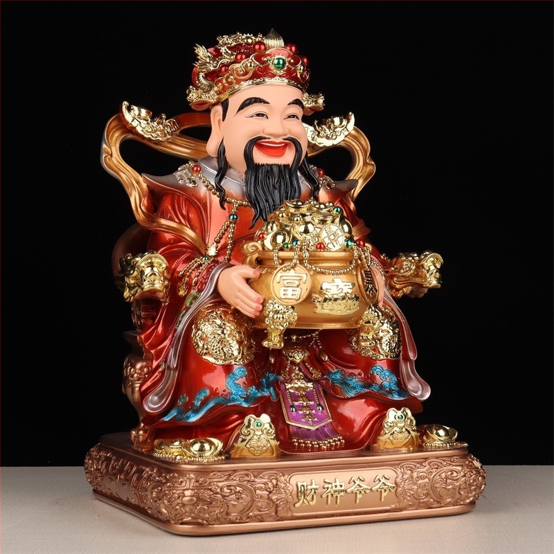 Gyanta Buddha szobor – A Bőség Istene, piros ruhában, aranyozott felület, aranytallér motívummal, imádásra