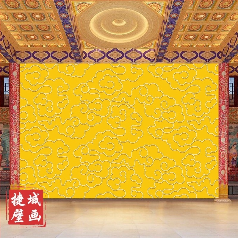 Arany felhőkkel díszített hátterű tapéta, nappali falikép, buddhista templom dekor