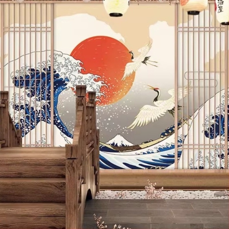 Japán romantikus cseresznyefa virágmintás tapéta Fuji-hegység tájával – falburkolat sushi éttermekhez