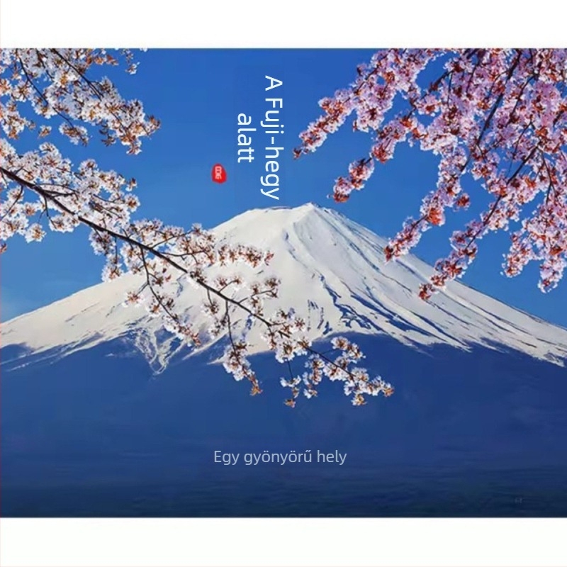 Japán romantikus cseresznyefa virágmintás tapéta Fuji-hegység tájával – falburkolat sushi éttermekhez