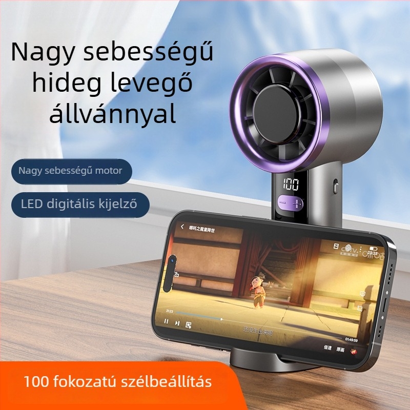 Új kézi ventilátor telefontartóval, digitális kijelzővel, USB töltéssel, asztali ventilátor kempingezéshez