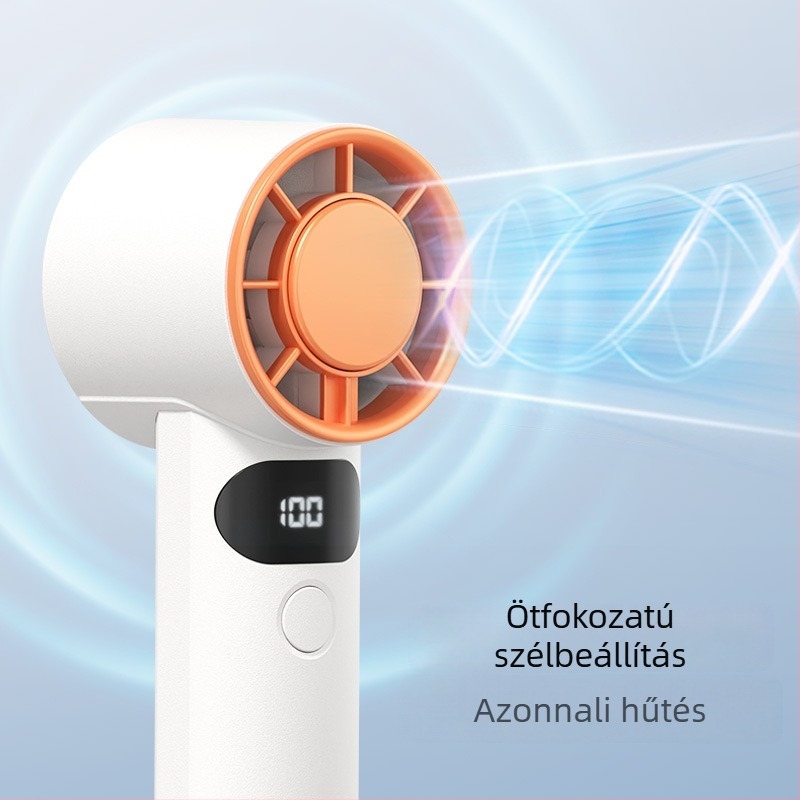 USB töltésre csatlakoztatható asztali és kézi ventilátor, 5 sebesség, digitális kijelző, brushless motor, beépített akkumulátor