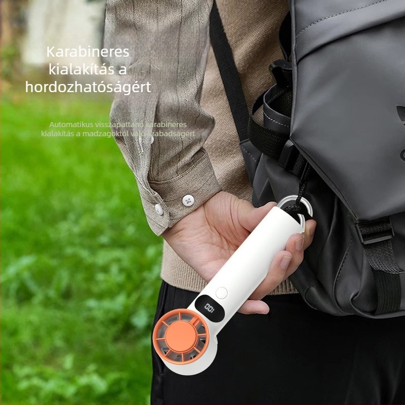USB töltésre csatlakoztatható asztali és kézi ventilátor, 5 sebesség, digitális kijelző, brushless motor, beépített akkumulátor