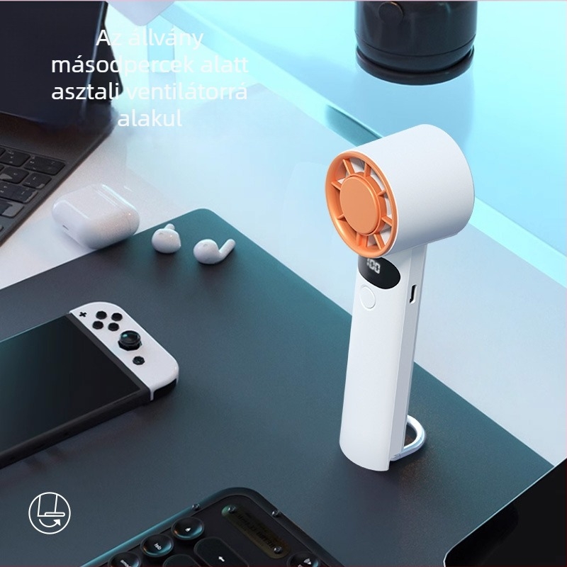 USB töltésre csatlakoztatható asztali és kézi ventilátor, 5 sebesség, digitális kijelző, brushless motor, beépített akkumulátor