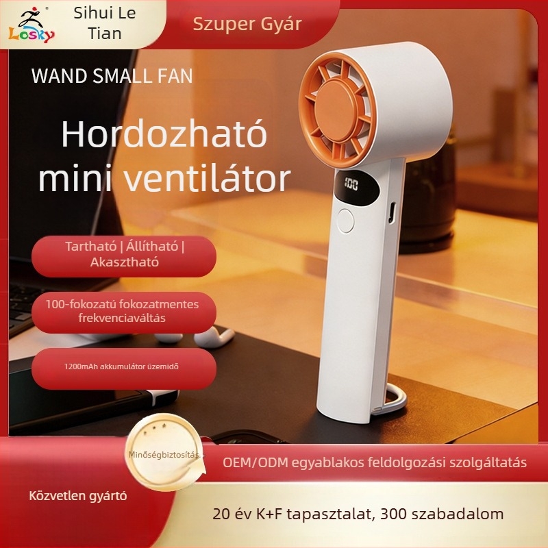 USB töltésre csatlakoztatható asztali és kézi ventilátor, 5 sebesség, digitális kijelző, brushless motor, beépített akkumulátor